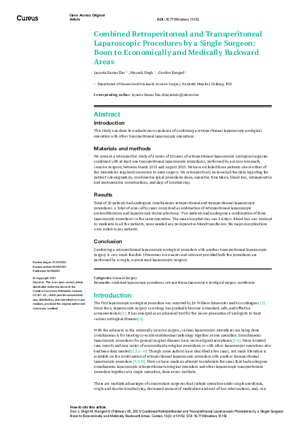 (PDF) Combined Retroperitoneal and Transperitoneal Laparoscopic ...
