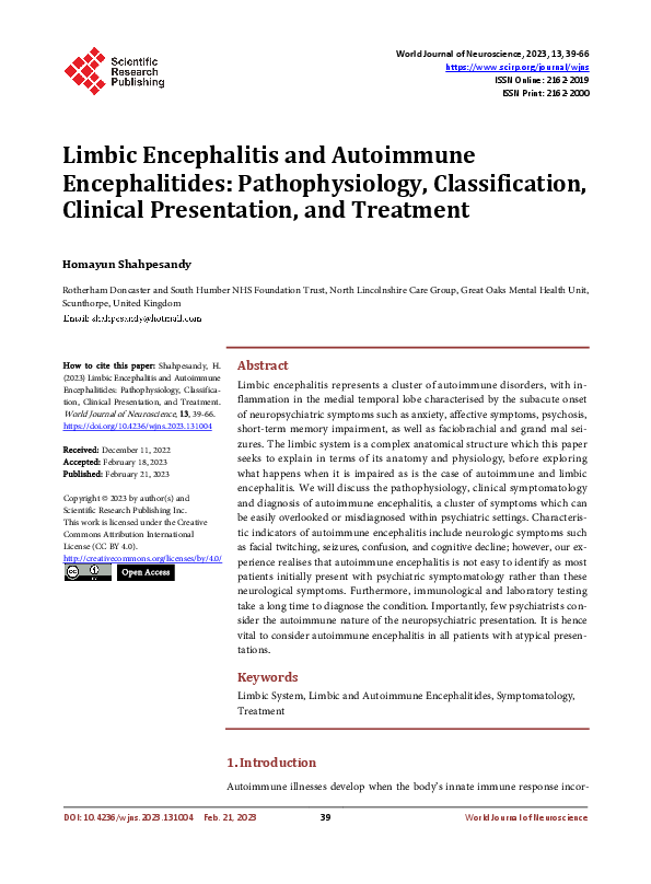 (PDF) Limbic Encephalitis and Autoimmune Encephalitides ...