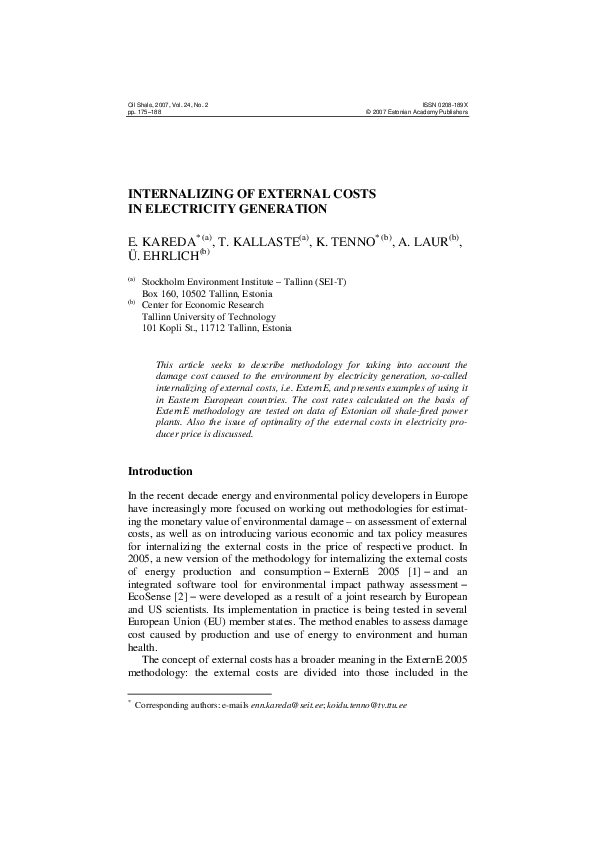 (PDF) Internalizing of External Costs in Electricity Generation