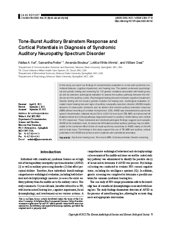 (PDF) Tone-Burst Auditory Brainstem Response and Cortical Potentials in ...
