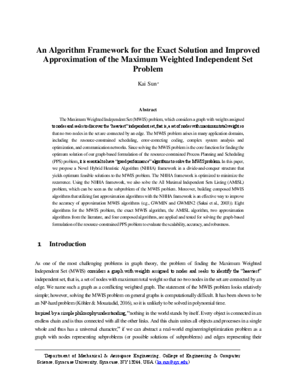 (PDF) An Algorithm Framework for the Exact Solution and Improved ...
