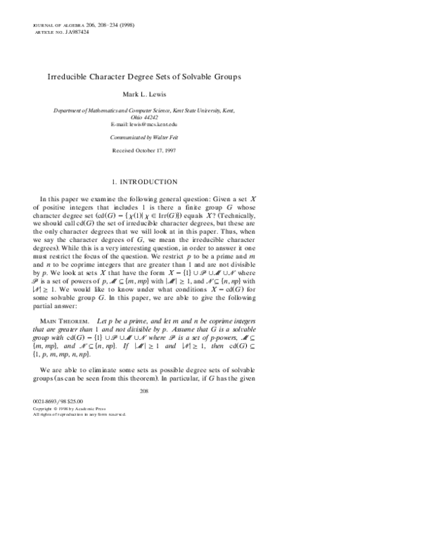 (PDF) Irreducible Character Degree Sets of Solvable Groups