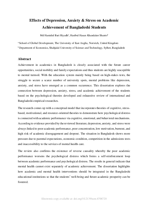 (PDF) Effects of Depression, Anxiety & Stress on Academic Achievement ...