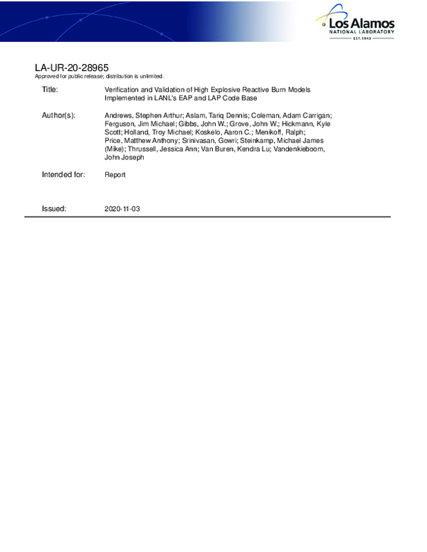 (PDF) Verification and Validation of High Explosive Reactive Burn ...