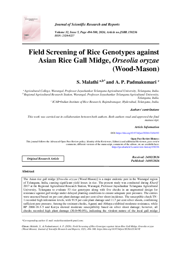 (PDF) Field Screening of Rice Genotypes against Asian Rice Gall Midge ...