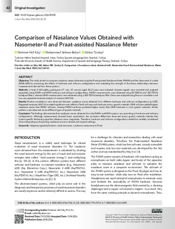 (PDF) Comparison of Nasalance Values Obtained with Nasometer-II and ...