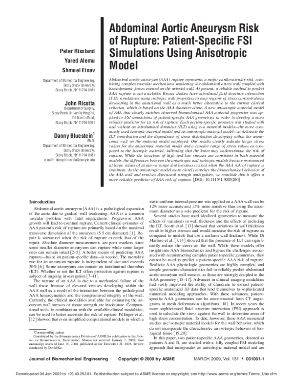 (PDF) Abdominal Aortic Aneurysm Risk of Rupture: Patient-Specific FSI ...