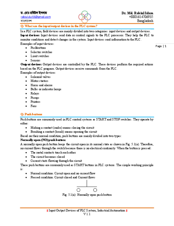 (PDF) Industrial Automation: Lecture 5: Input Output Devices of PLC System