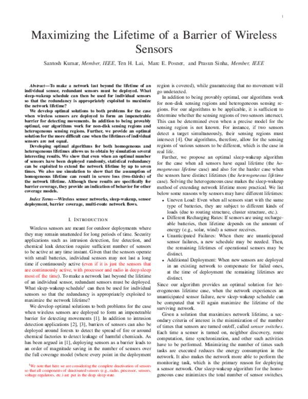 (PDF) Maximizing the Lifetime of a Barrier of Wireless Sensors