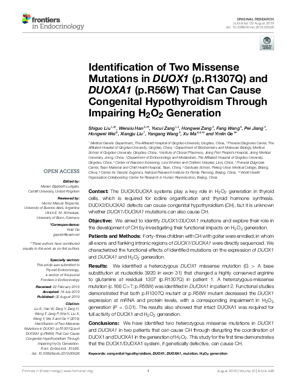 (PDF) Identification of Two Missense Mutations in DUOX1 (p.R1307Q) and ...