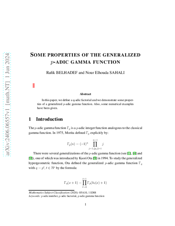 (PDF) Some properties of the generalized p-adic gamma function