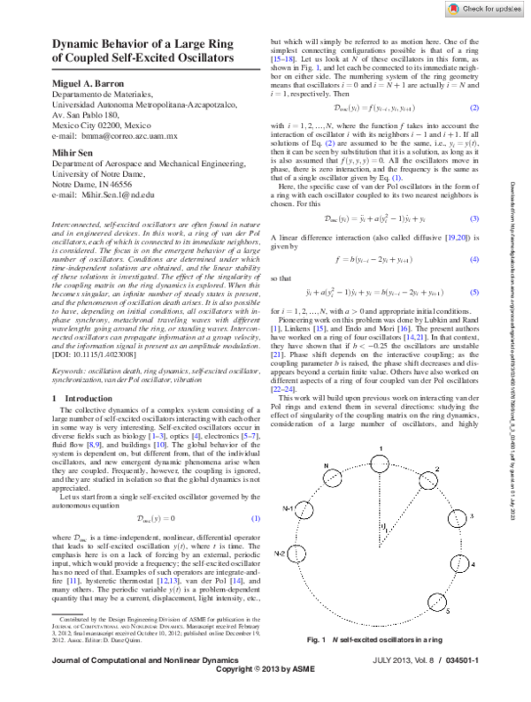 (PDF) Dynamic Behavior of a Large Ring of Coupled Self-Excited Oscillators