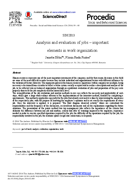 (PDF) Analysis and Evaluation of Jobs – Important Elements in Work ...