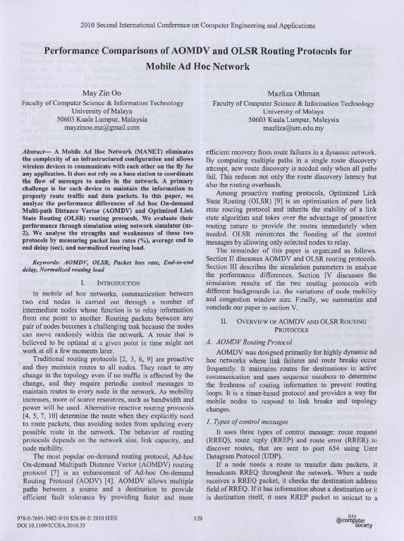 (PDF) Performance Comparisons of AOMDV and OLSR Routing Protocols for ...