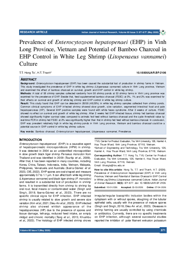 (PDF) Prevalence of Enterocytozoon hepatopenaei (EHP) in Vinh Long ...