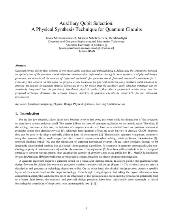 (PDF) Auxiliary qubit selection: a physical synthesis technique for ...