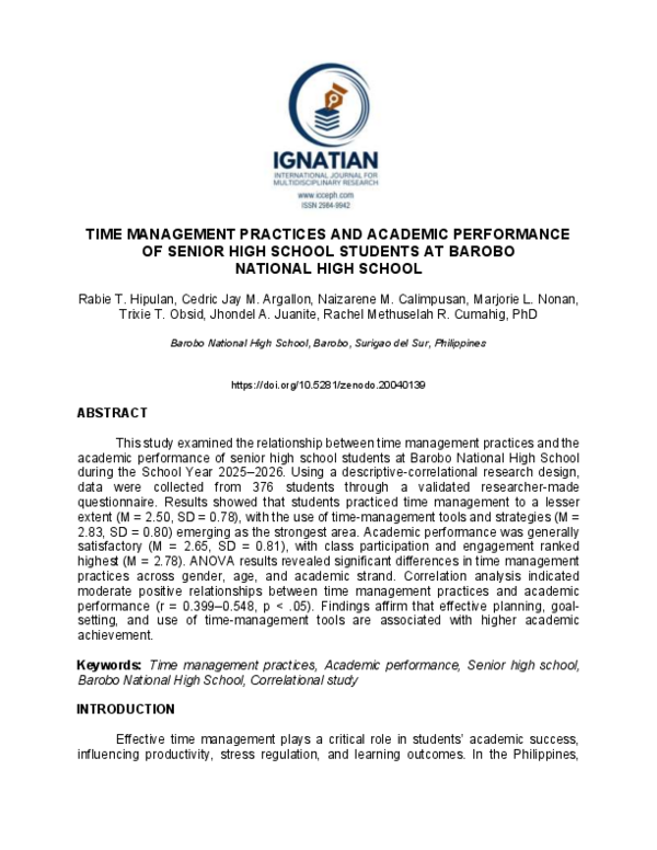 (PDF) TIME MANAGEMENT PRACTICES AND ACADEMIC PERFORMANCE OF SENIOR HIGH ...