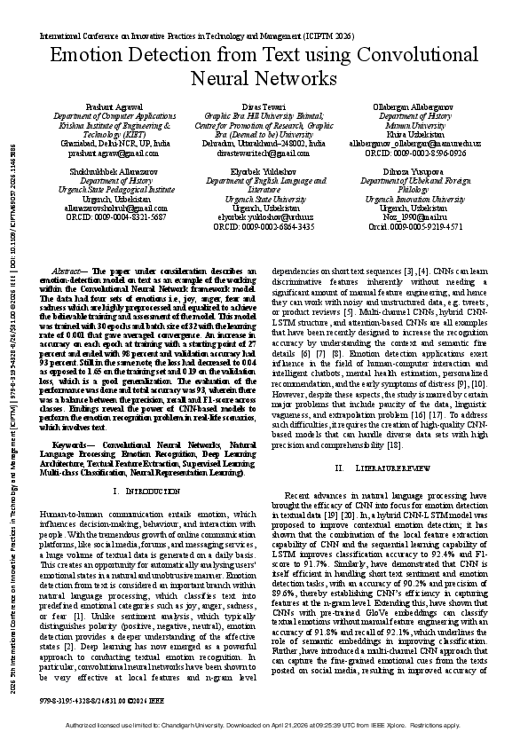 (PDF) Emotion Detection from Text Using Convolutional Neural Networks