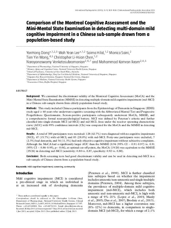 (PDF) Comparison of the Montreal Cognitive Assessment and the Mini ...