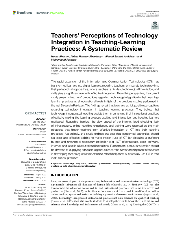 (PDF) Teachers’ Perceptions of Technology Integration in Teaching ...