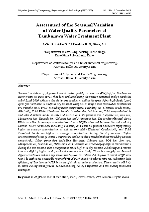 (PDF) Assessment of the Seasonal Variation of Water Quality Parameters ...