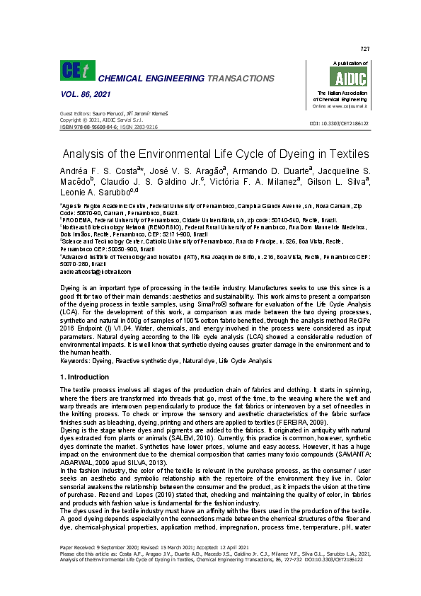 (PDF) Analysis of the Environmental Life Cycle of Dyeing in Textiles