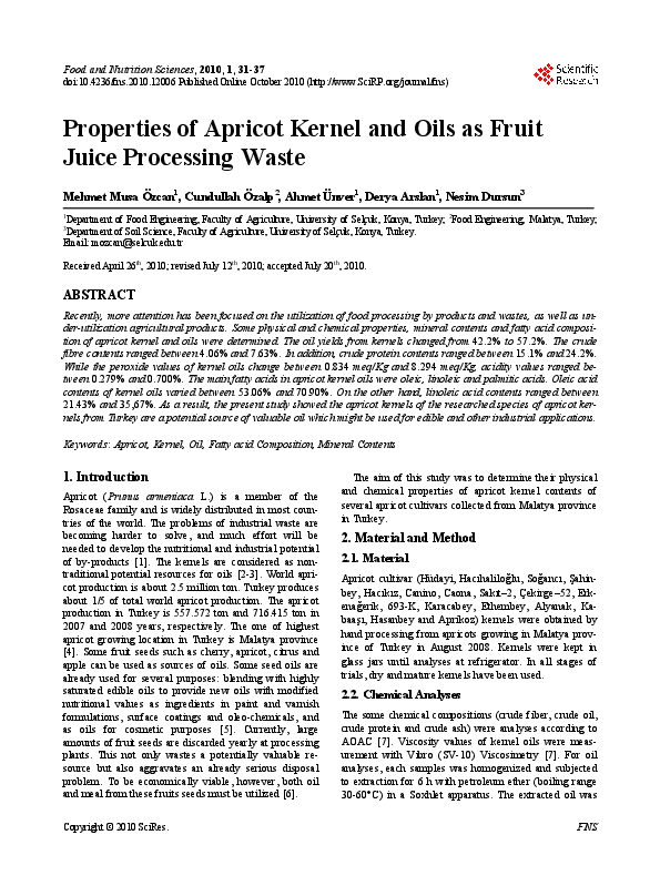 (PDF) Properties of Apricot Kernel and Oils as Fruit Juice Processing Waste
