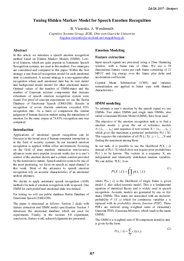 (PDF) Tuning hidden Markov model for speech emotion recognition