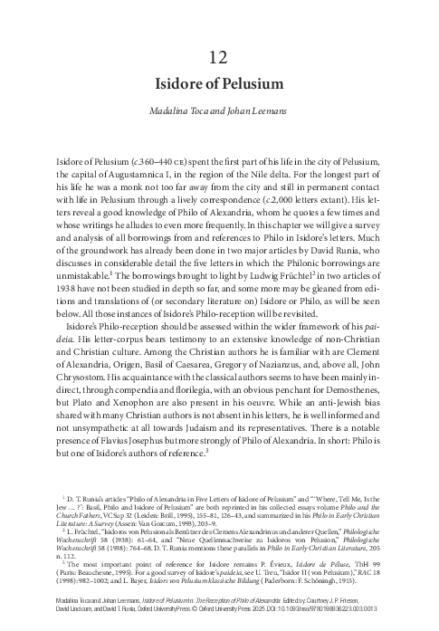 (PDF) Isidore of Pelusium (The Reception of Philo of Alexandria, OUP 2024)
