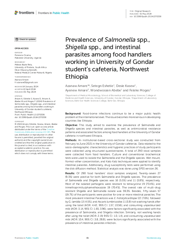 (PDF) Prevalence of Salmonella spp., Shigella spp., and intestinal ...