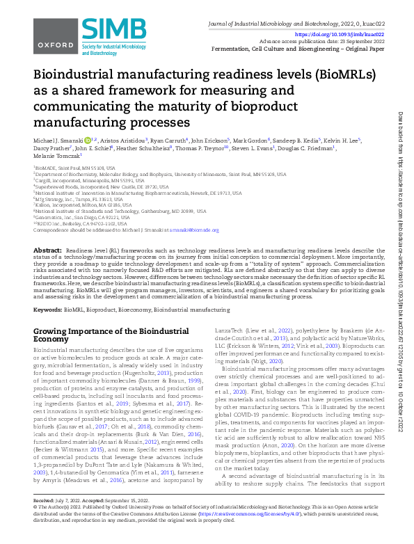 (PDF) Bioindustrial manufacturing readiness levels (BioMRLs) as a ...