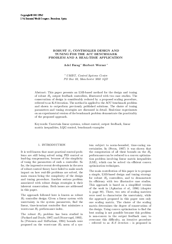 (PDF) Robust H2 controller design and tuning for the ACC benchmark ...