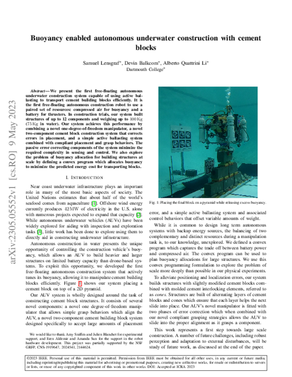 (PDF) Buoyancy enabled autonomous underwater construction with cement ...