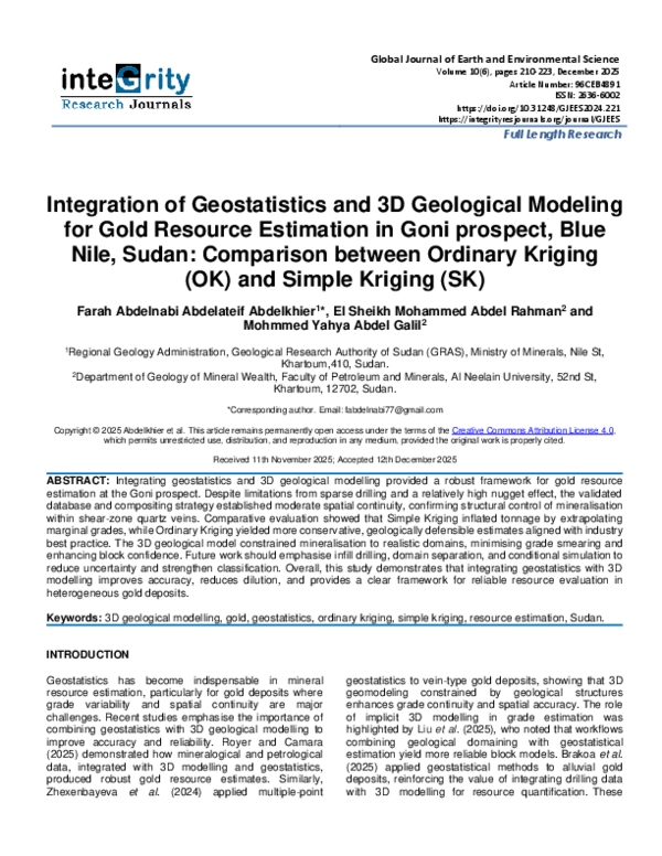 (PDF) Integration of Geostatistics and 3D Geological Modeling for Gold ...