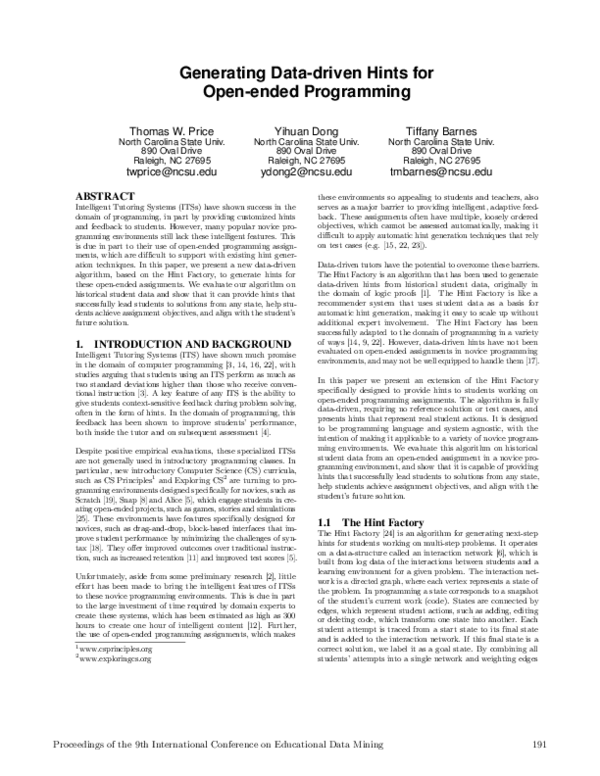 (PDF) Generating Data-driven Hints for Open-ended Programming