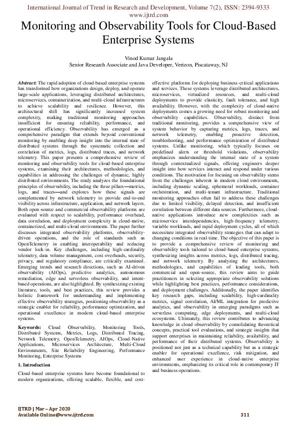 (PDF) Monitoring and Observability Tools for Cloud-Based Enterprise Systems
