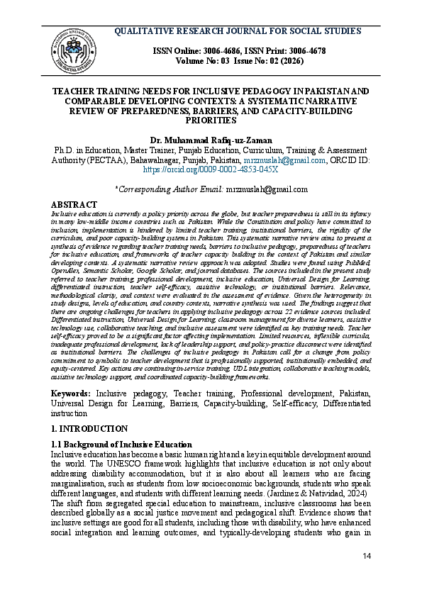 (PDF) TEACHER TRAINING NEEDS FOR INCLUSIVE PEDAGOGY IN PAKISTAN AND ...