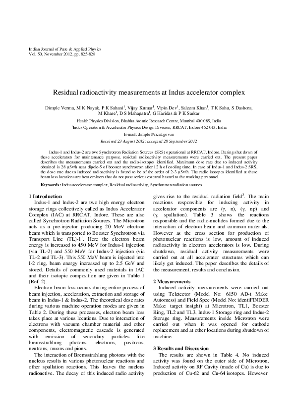 (PDF) Residual radioactivity measurements at Indus accelerator complex