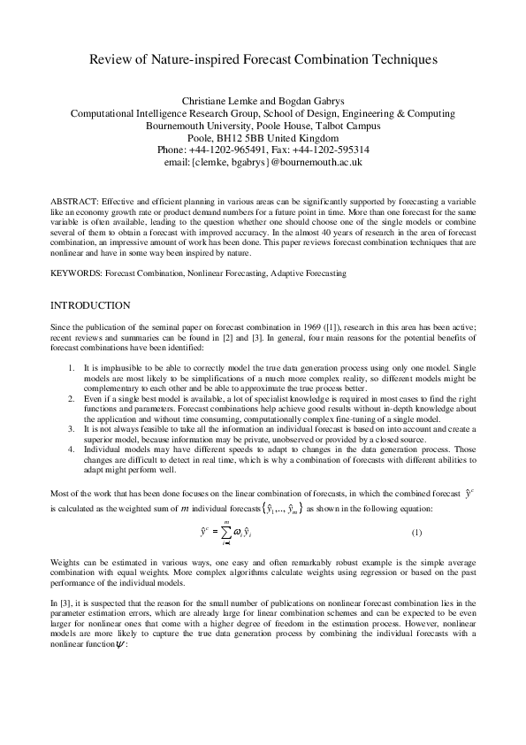 (PDF) Review of Nature-Inspired Forecast Combination Techniques