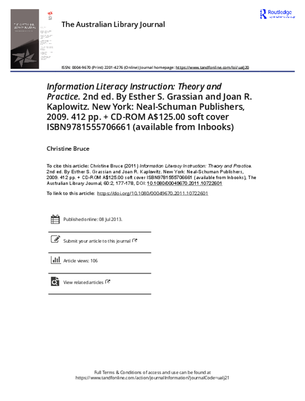 (PDF) Information Literacy Instruction: Theory and Practice.2nd ed. By ...