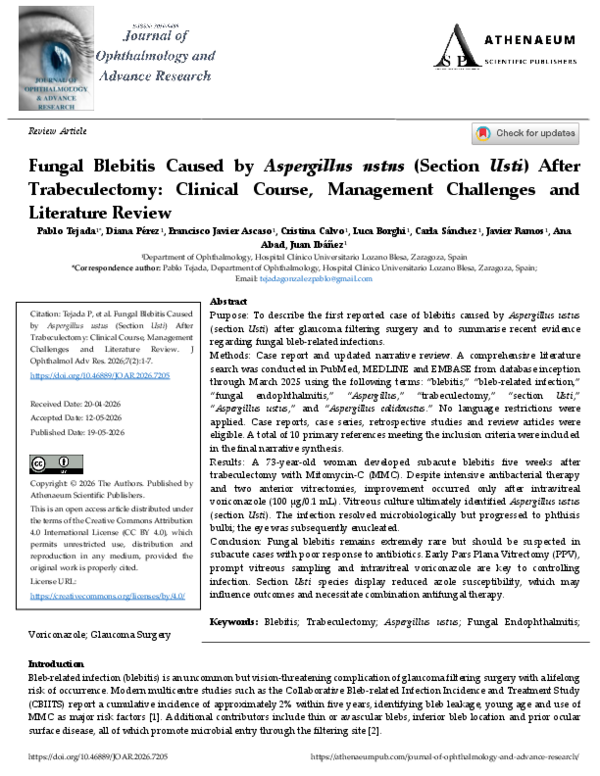 (PDF) Fungal Blebitis Caused by Aspergillus ustus (Section Usti) After ...