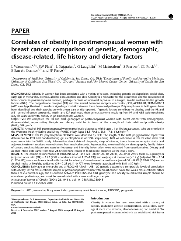(PDF) Correlates of obesity in postmenopausal women with breast cancer ...