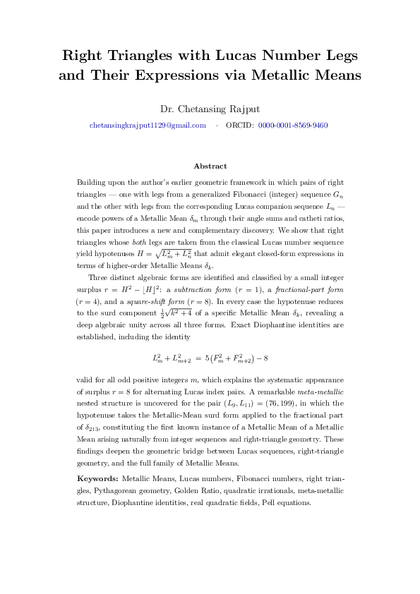 (PDF) Right Triangles with Lucas Number Legs and Their Expressions via ...