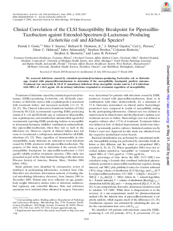 (PDF) Clinical Correlation of the CLSI Susceptibility Breakpoint for ...