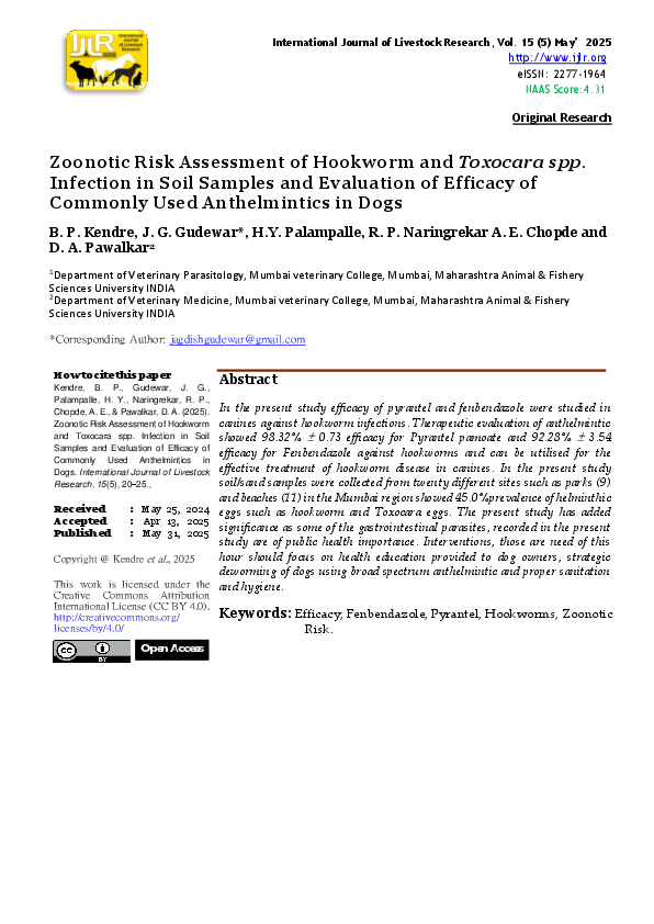 (PDF) Zoonotic Risk Assessment of Hookworm and Toxocara spp. Infection ...