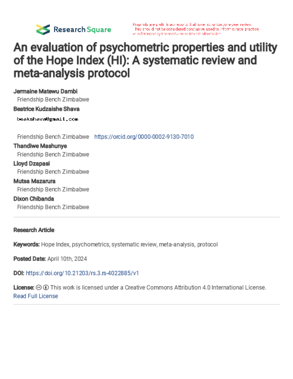 (PDF) An evaluation of psychometric properties and utility of the Hope ...