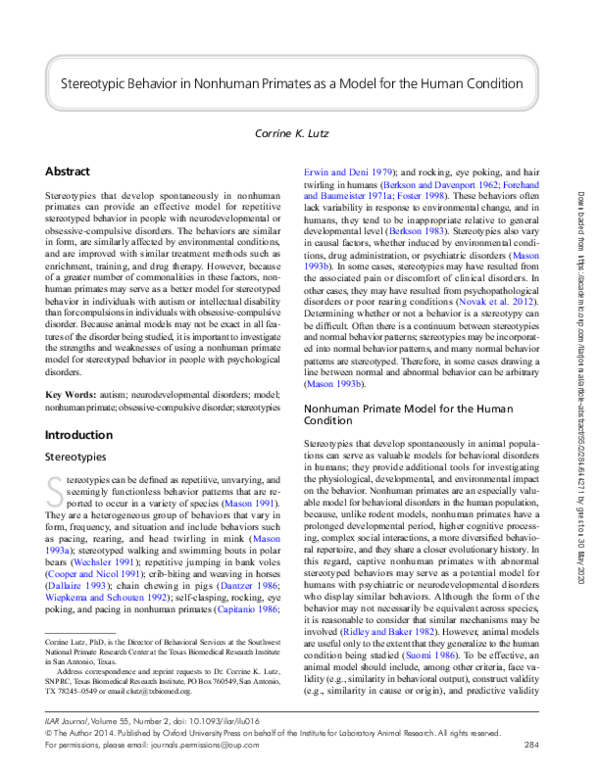 (PDF) Stereotypic Behavior in Nonhuman Primates as a Model for the ...