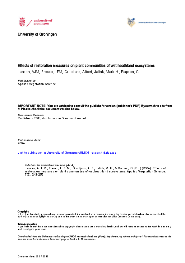 (PDF) Effects of restoration measures on plant communities of wet ...