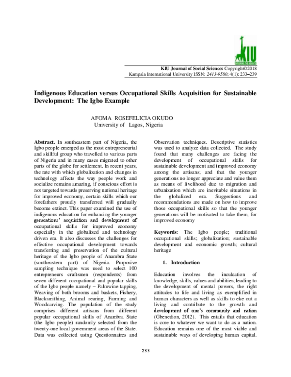 (PDF) Indigenous Education versus Occupational Skills Acquisition for ...