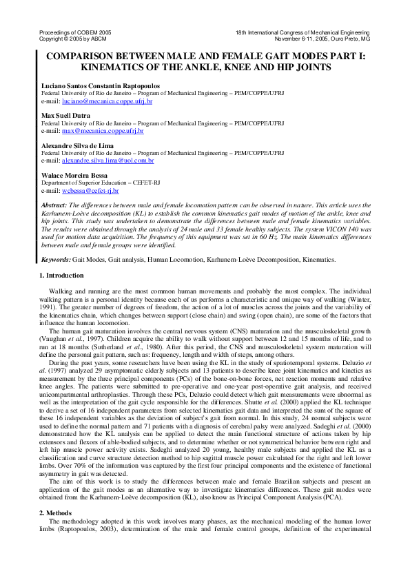 (PDF) Comparison Between Male and Female Gait Modes Part I: Kinematics ...